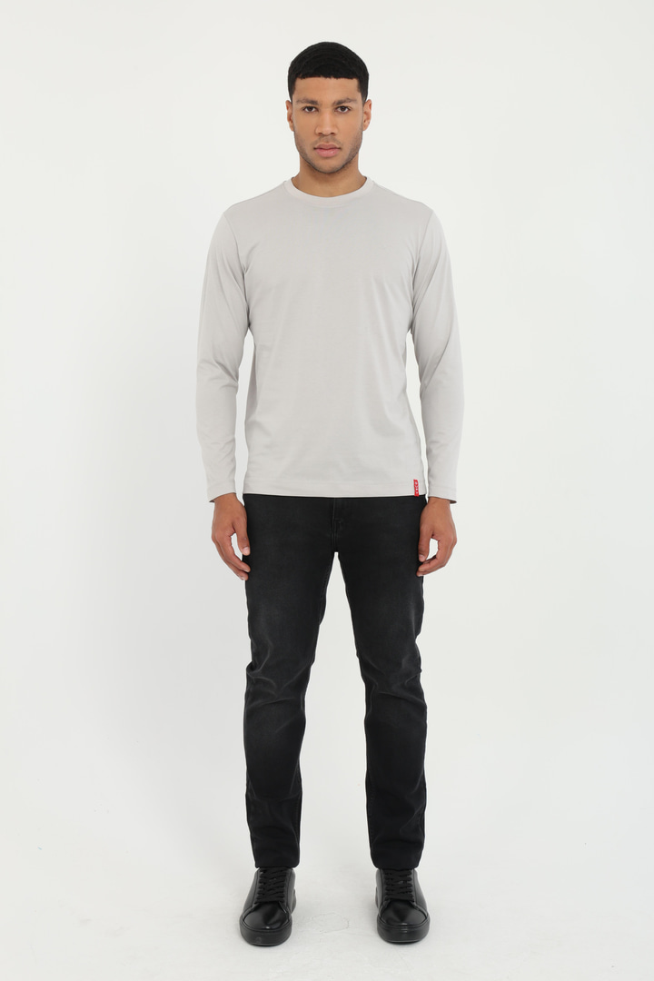 Gri Basic O Yaka Erkek Uzun Kollu T-Shirt