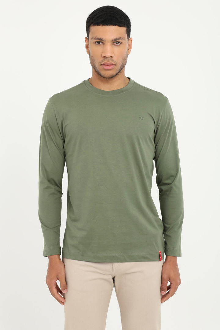 Haki  Basic O Yaka Erkek Uzun Kollu T-Shirt 