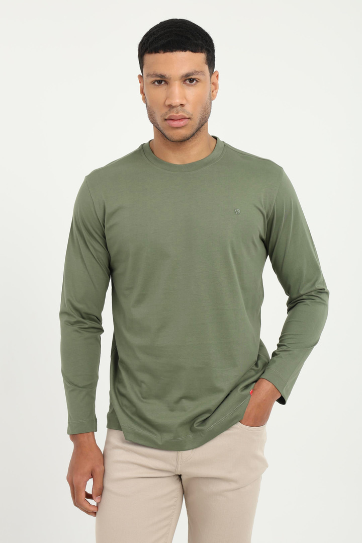 Haki  Basic O Yaka Erkek Uzun Kollu T-Shirt 