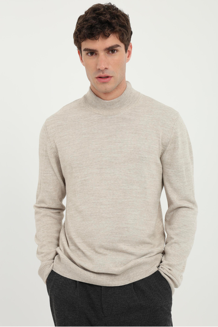 Bej Yarım Balıkçı Slim Fit Erkek Triko