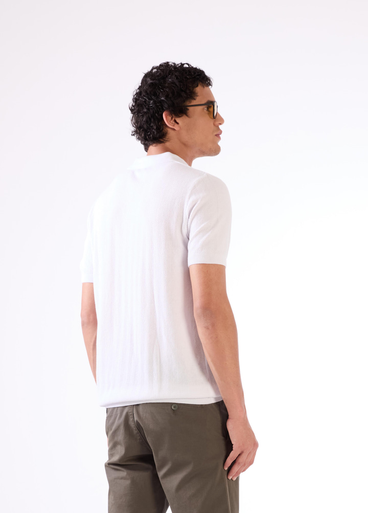 Beyaz Polo Düğme Yaka Düz Renk Slim Fit Erkek Triko
