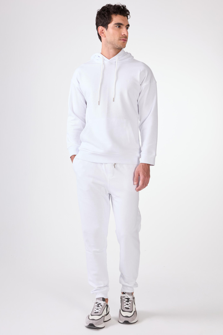 Beyaz Kapüşonlu Kanguru Cepli Regular Fit Erkek Sweatshırt