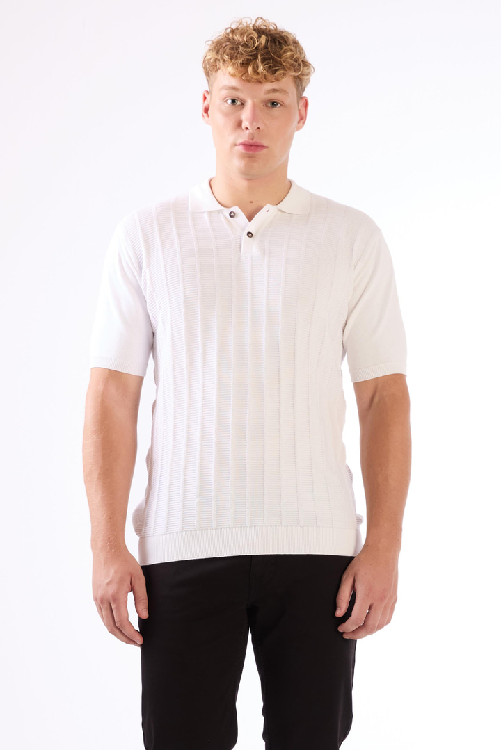 Beyaz Polo Düğmeli Kısa Kollu Düz Renk Fitilli Slim Fit Erkek Triko