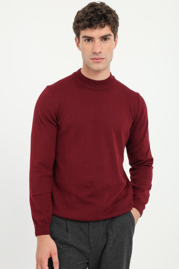 Bordo Yarım Balıkçı Düz Regular Fit Erkek Triko