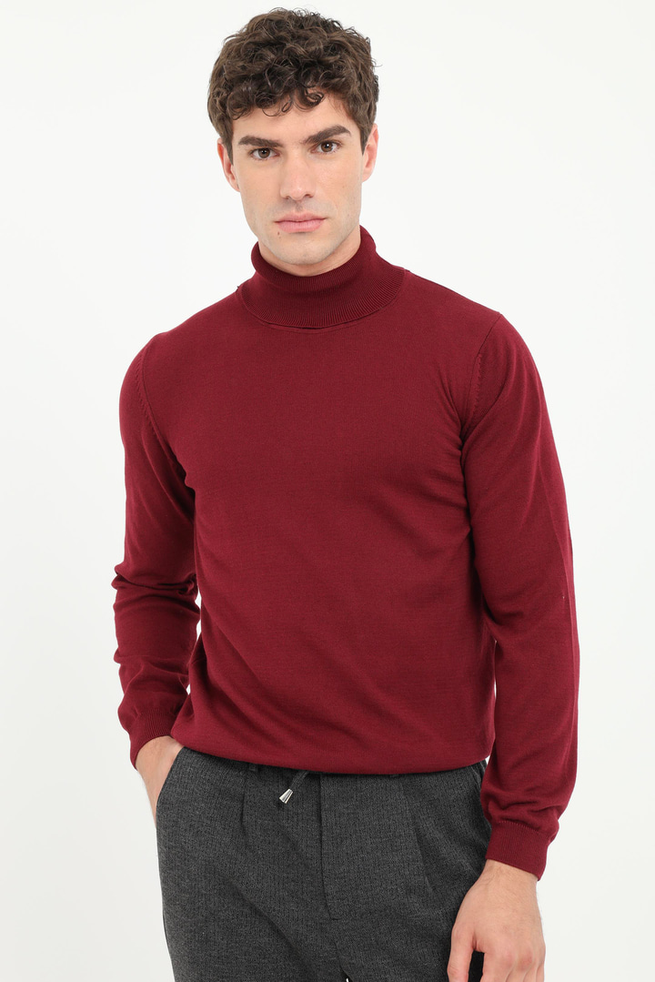 Bordo Tam Balıkçı Regular Fit Düz Erkek Triko