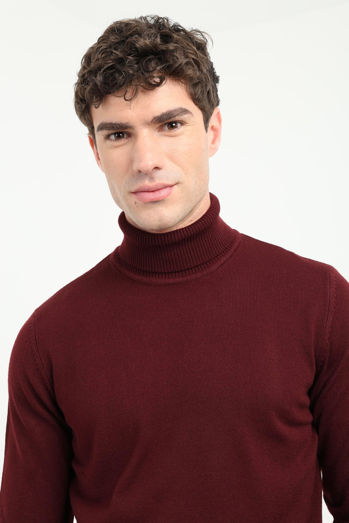 Bordo Balıkçı Yaka Slim Fit Erkek Triko