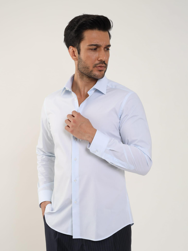 Açık Mavi Erkek Slim Fit Düz Klasik Yaka Uzun Kol Gömlek 