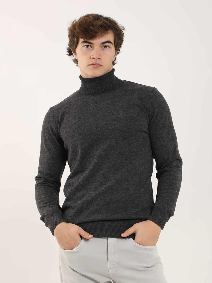 Antrasit Erkek Slim Fit Düz Klasik Tam Balıkçı Yaka Triko 