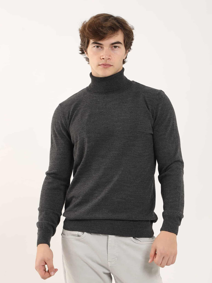 Antrasit Erkek Slim Fit Düz Klasik Tam Balıkçı Yaka Triko 
