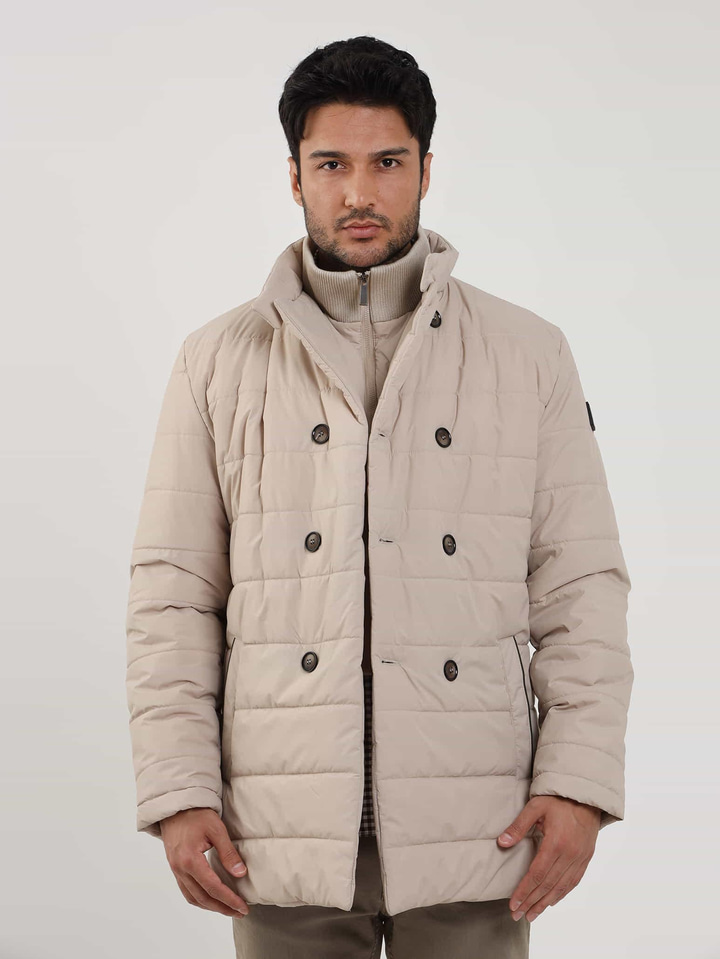 Bej Erkek Regular Fit Düz Kapüşonlu Şişme Mont 