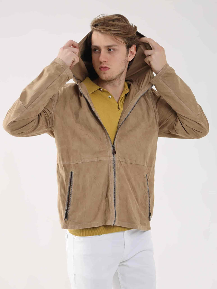 Bej Erkek Regular Fit Düz Kapüşonlu Mont 