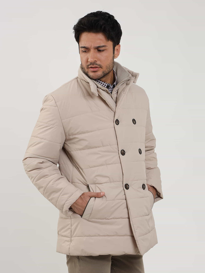 Bej Erkek Regular Fit Düz Kapüşonlu Şişme Mont 