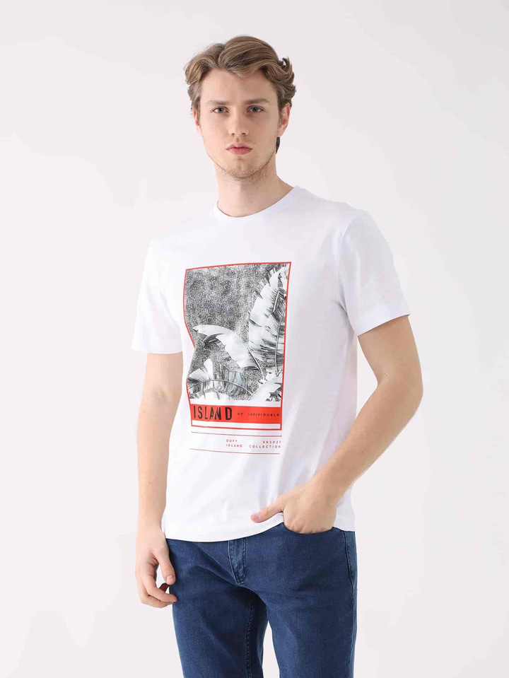Beyaz Erkek Regular Fit Baskılı Casual O Yaka T-shirt 