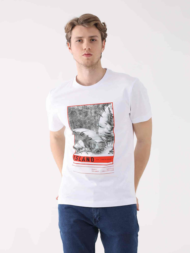 Beyaz Erkek Regular Fit Baskılı Casual O Yaka T-shirt 