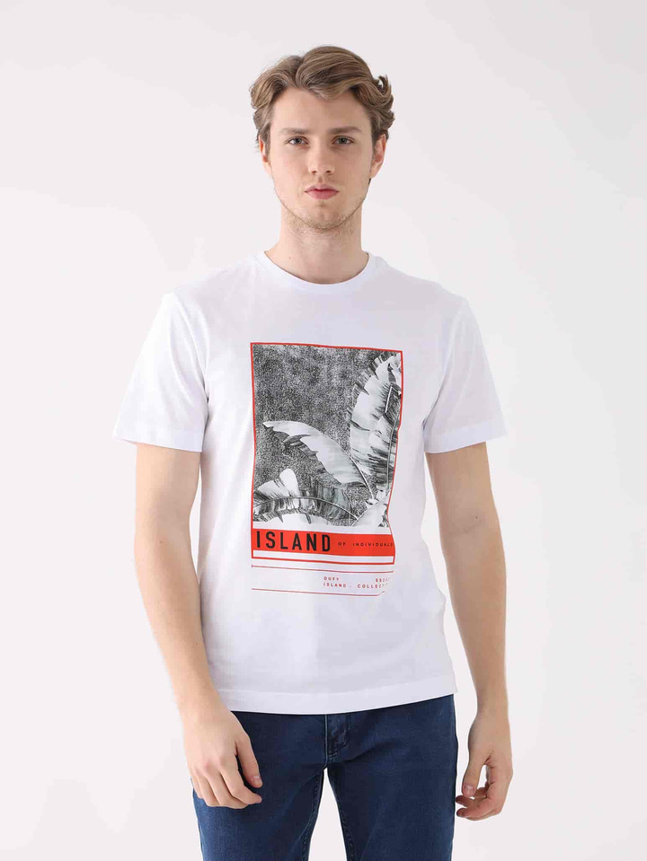 Beyaz Erkek Regular Fit Baskılı Casual O Yaka T-shirt 