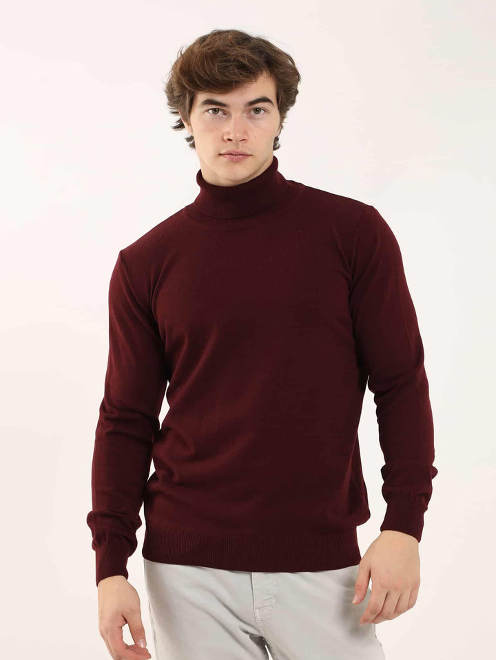 Bordo Erkek Slim Fit Düz Klasik Tam Balıkçı Yaka Triko 
