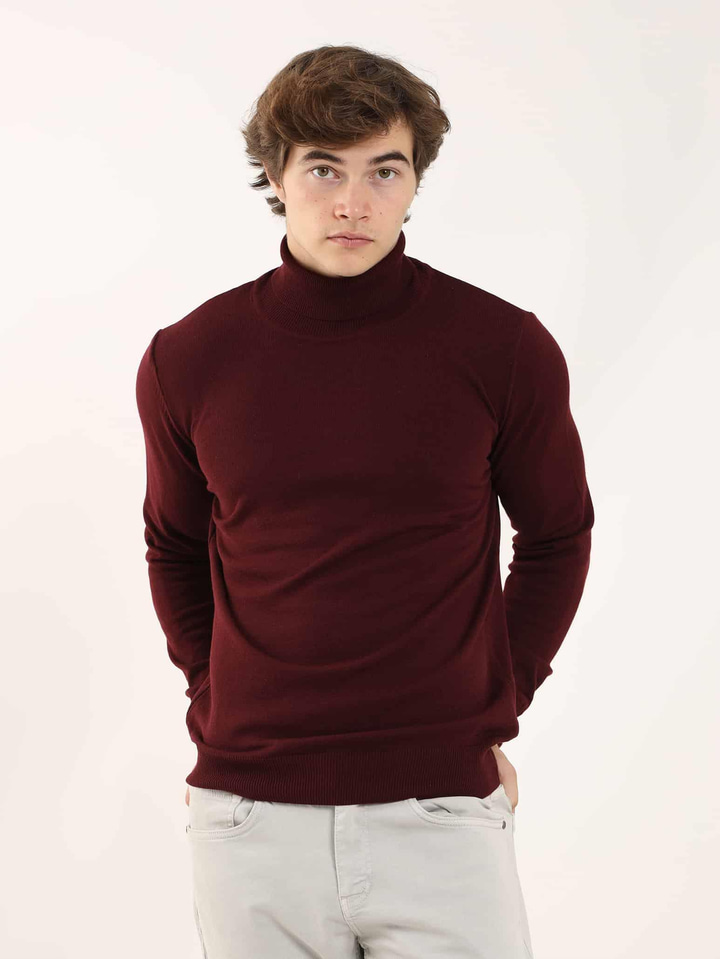Bordo Erkek Slim Fit Düz Klasik Tam Balıkçı Yaka Triko 