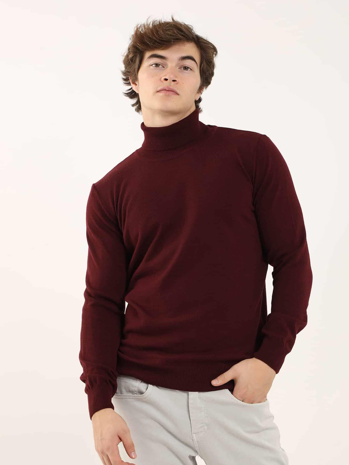 Bordo Erkek Slim Fit Düz Klasik Tam Balıkçı Yaka Triko 
