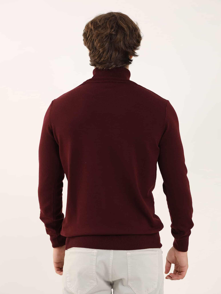 Bordo Erkek Slim Fit Düz Klasik Tam Balıkçı Yaka Triko 