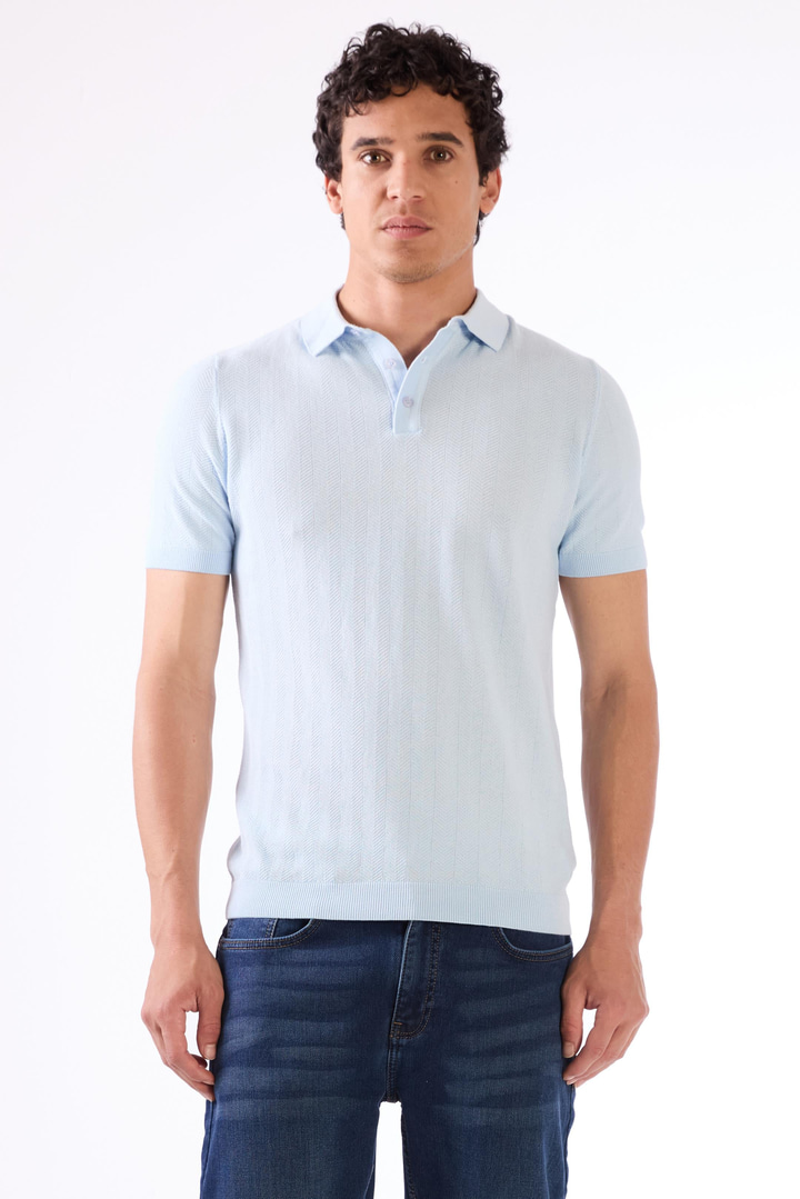 Dufy Buz Mavisi Erkek Slim Fit Balıksırtı Desenli Polo Yaka Triko - 104566