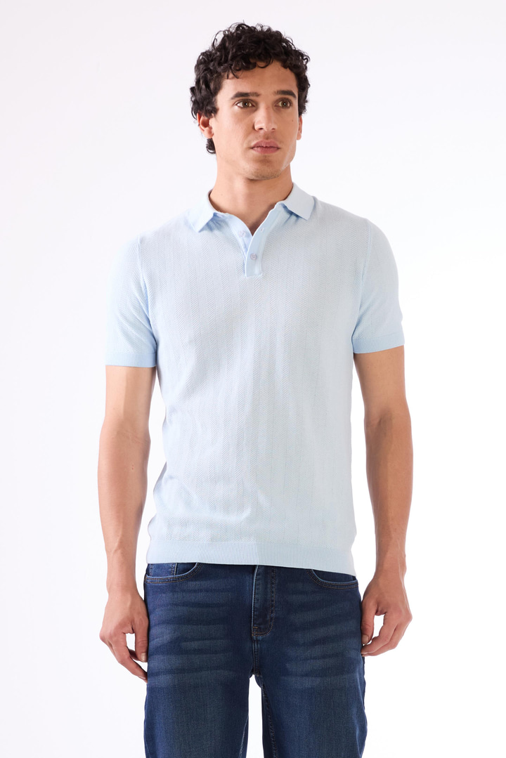 Dufy Buz Mavisi Erkek Slim Fit Balıksırtı Desenli Polo Yaka Triko - 104566