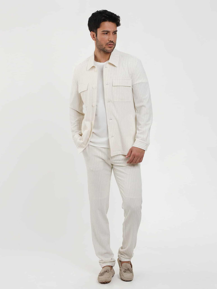 Ekru Erkek Slim Fit Çizgili Gofre Desenli Pantolon 