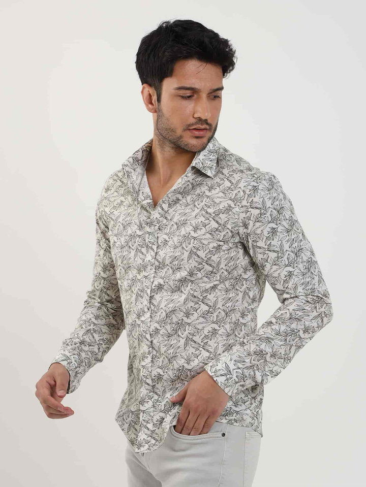 Haki Erkek Slim Fit Yaprak Desenli Brent Yaka Uzun Kol Gömlek 