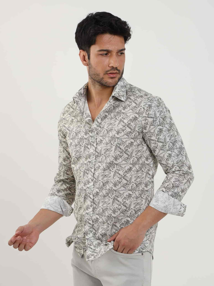 Haki Erkek Slim Fit Yaprak Desenli Brent Yaka Uzun Kol Gömlek 
