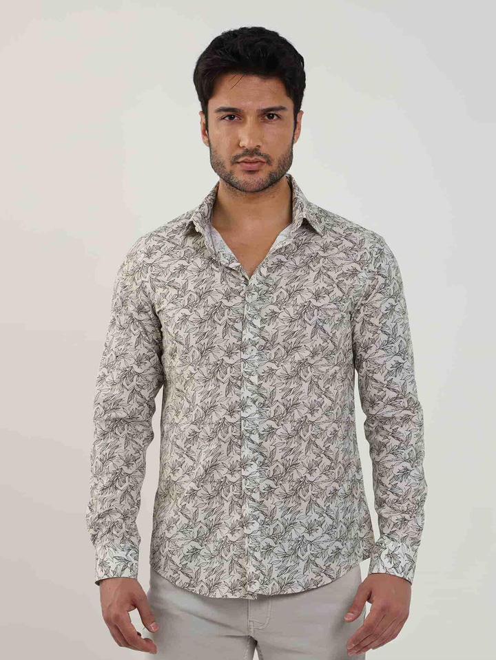 Haki Erkek Slim Fit Yaprak Desenli Brent Yaka Uzun Kol Gömlek 