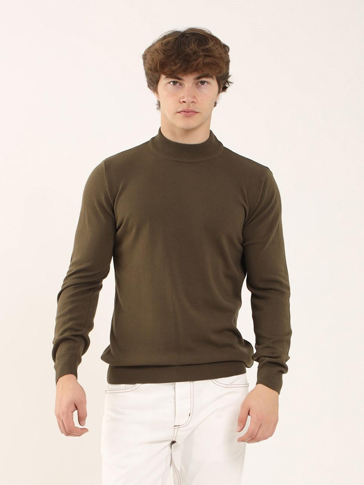 Haki Erkek Slim Fit Düz Klasik Yarım Balıkçı Yaka Triko 