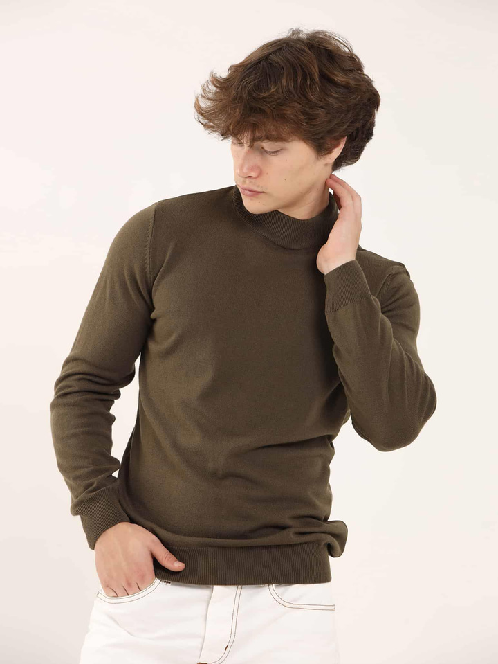 Haki Erkek Slim Fit Düz Klasik Yarım Balıkçı Yaka Triko 