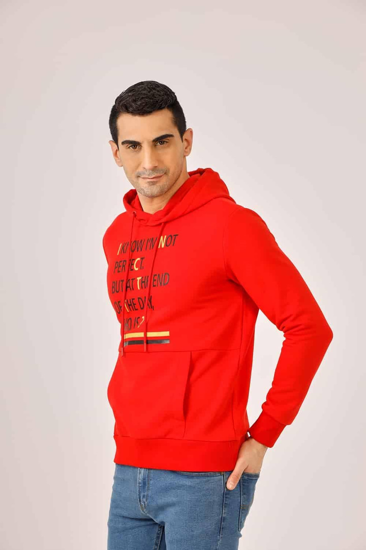 Kırmızı Erkek Regular Fit Baskılı Pamuklu Kapüşonlu Sweatshirt 