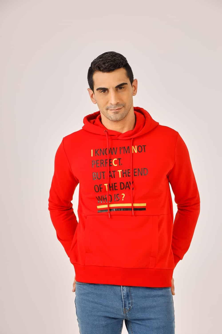 Kırmızı Erkek Regular Fit Baskılı Pamuklu Kapüşonlu Sweatshirt 