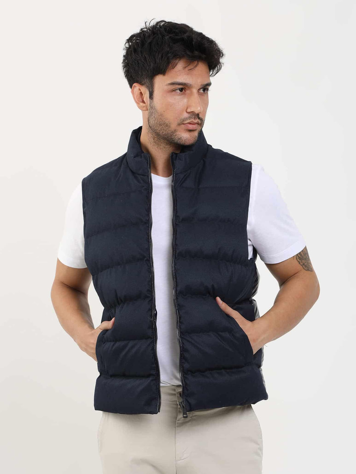 Lacivert Erkek Regular Fit Düz Fermuarlı Dik Yaka Şişme Yelek Mont 