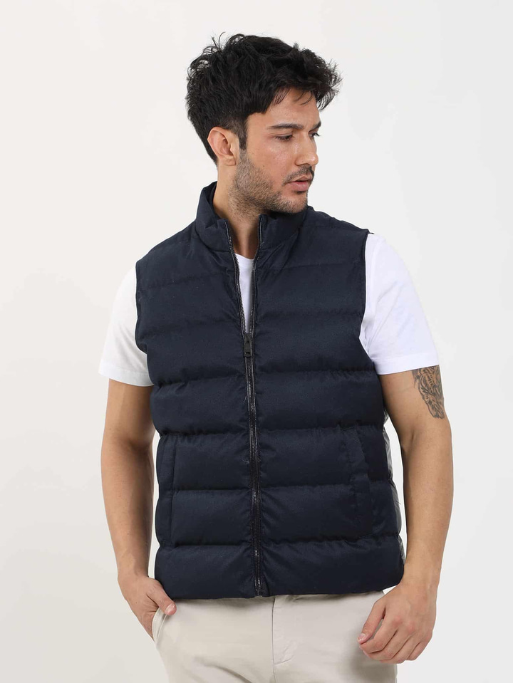 Lacivert Erkek Regular Fit Düz Fermuarlı Dik Yaka Şişme Yelek Mont 