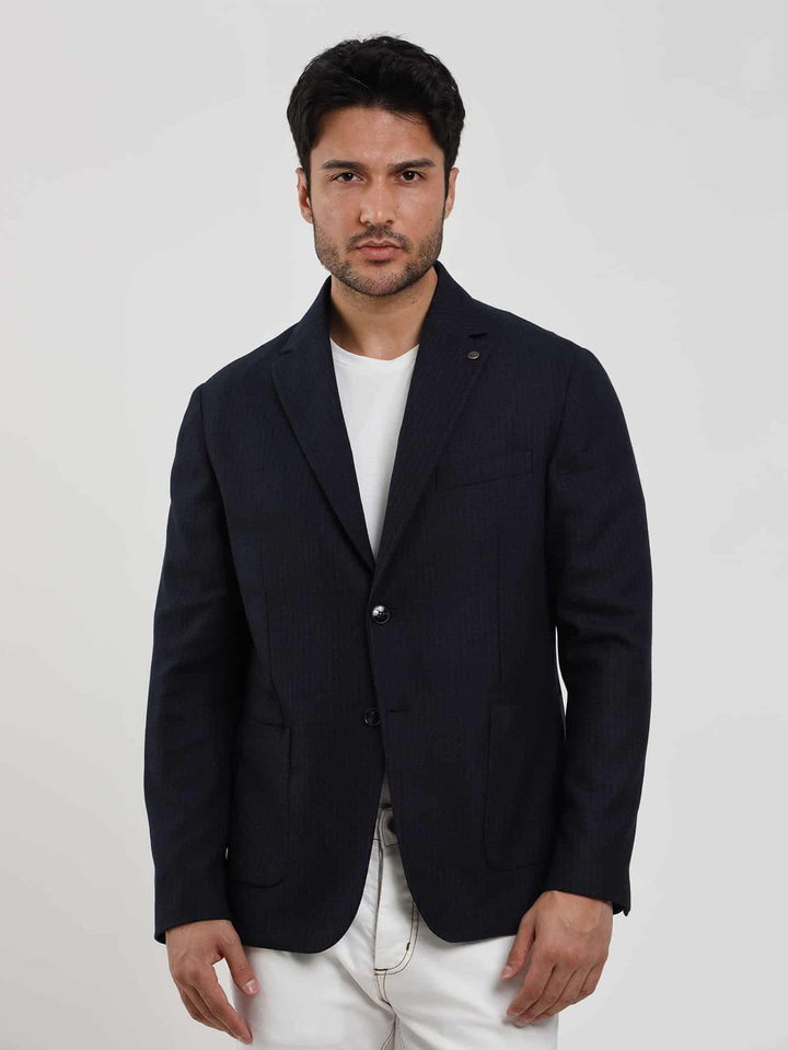 Lacivert Erkek Slim Fit Çizgili Casual Mono Yaka Ceket 