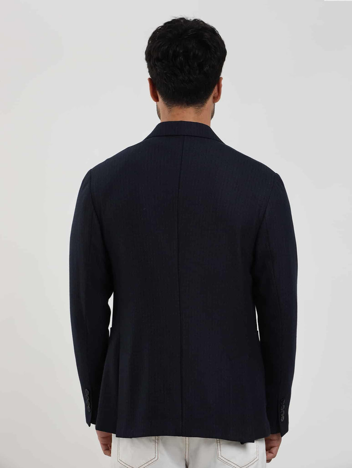 Lacivert Erkek Slim Fit Çizgili Casual Mono Yaka Ceket 