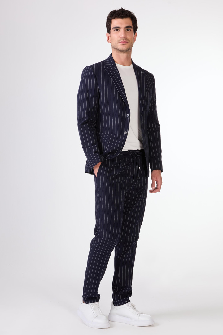 Lacivert Erkek Slim Fit Çizgili Mono Yaka Ceket 