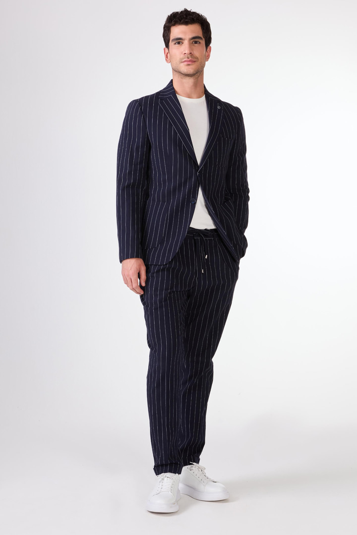 Lacivert Erkek Slim Fit Çizgili Mono Yaka Ceket 