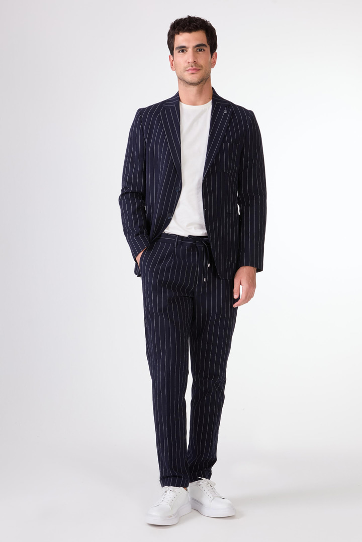 Lacivert Erkek Slim Fit Çizgili Mono Yaka Ceket 