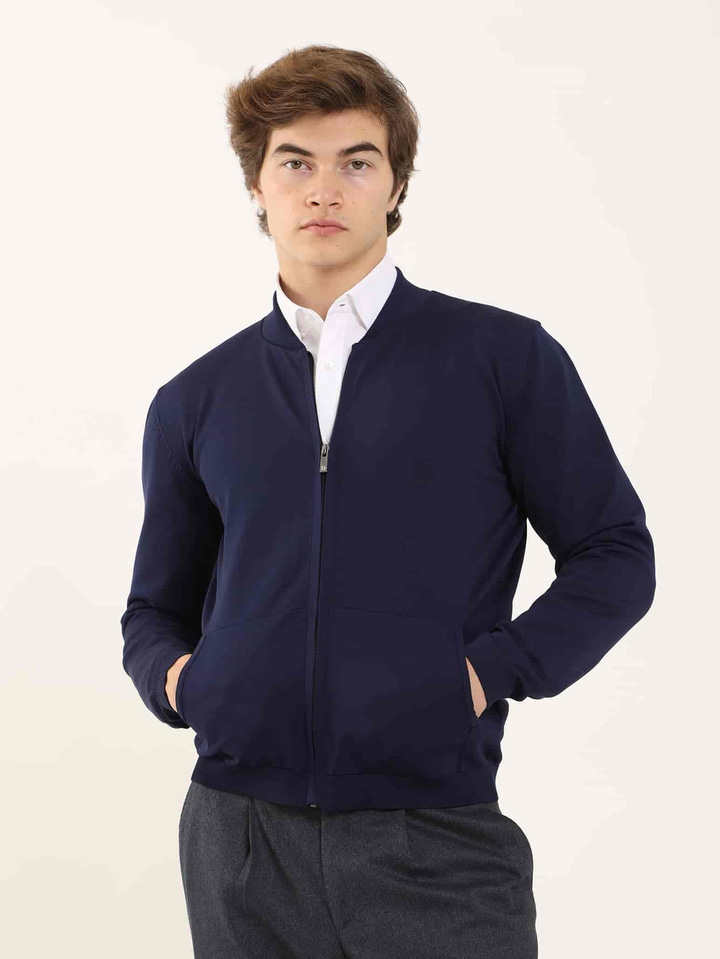 Lacivert Erkek Slim Fit Düz Bomber Yaka  Triko 