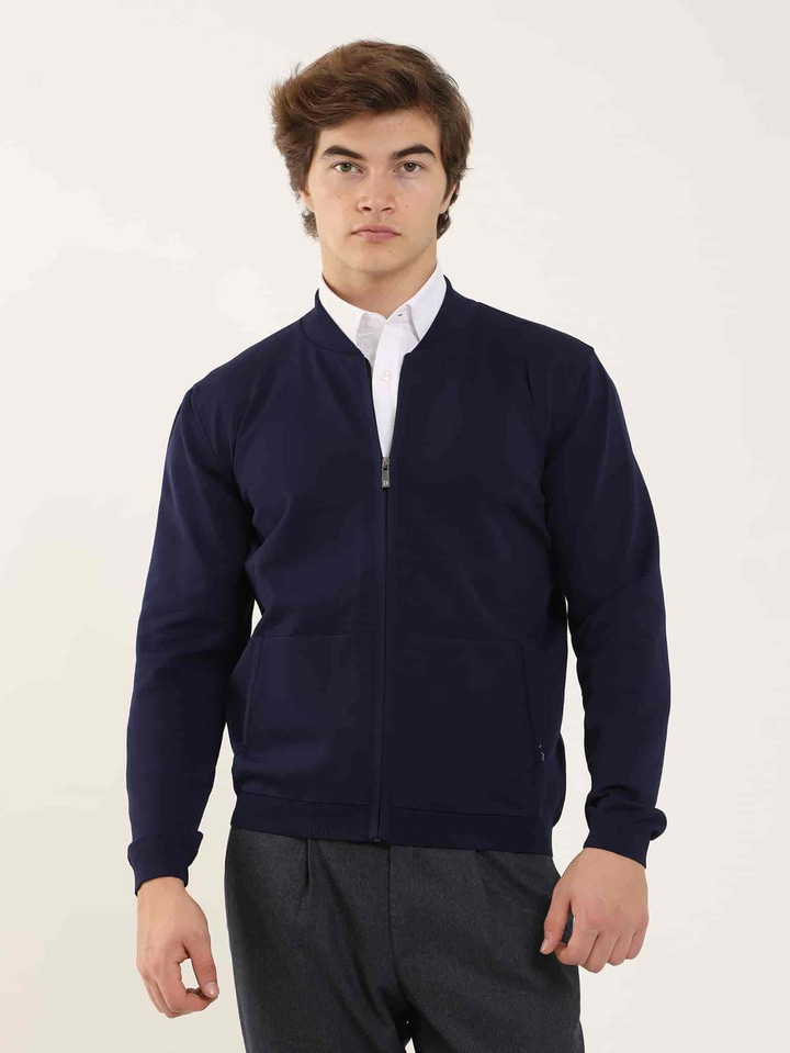 Lacivert Erkek Slim Fit Düz Bomber Yaka  Triko 