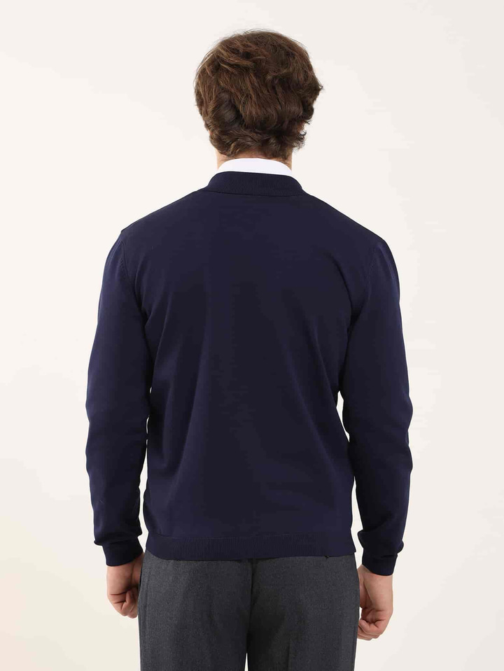 Lacivert Erkek Slim Fit Düz Bomber Yaka  Triko 