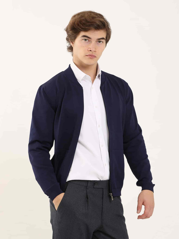 Lacivert Erkek Slim Fit Düz Bomber Yaka  Triko 
