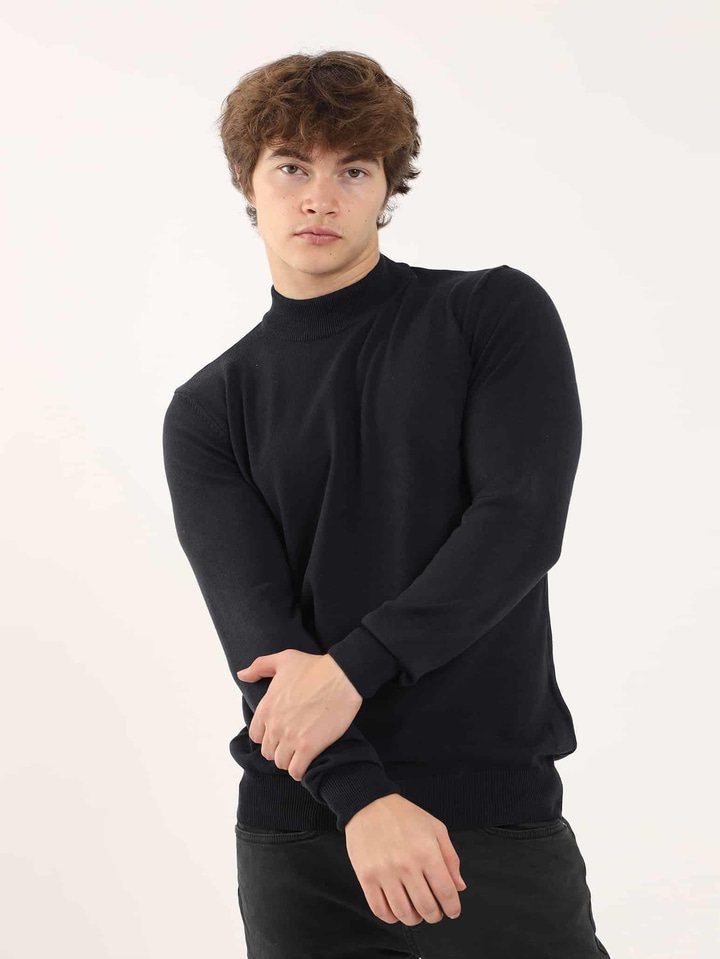 Lacivert Erkek Slim Fit Düz Klasik Yarım Balıkçı Yaka Triko 