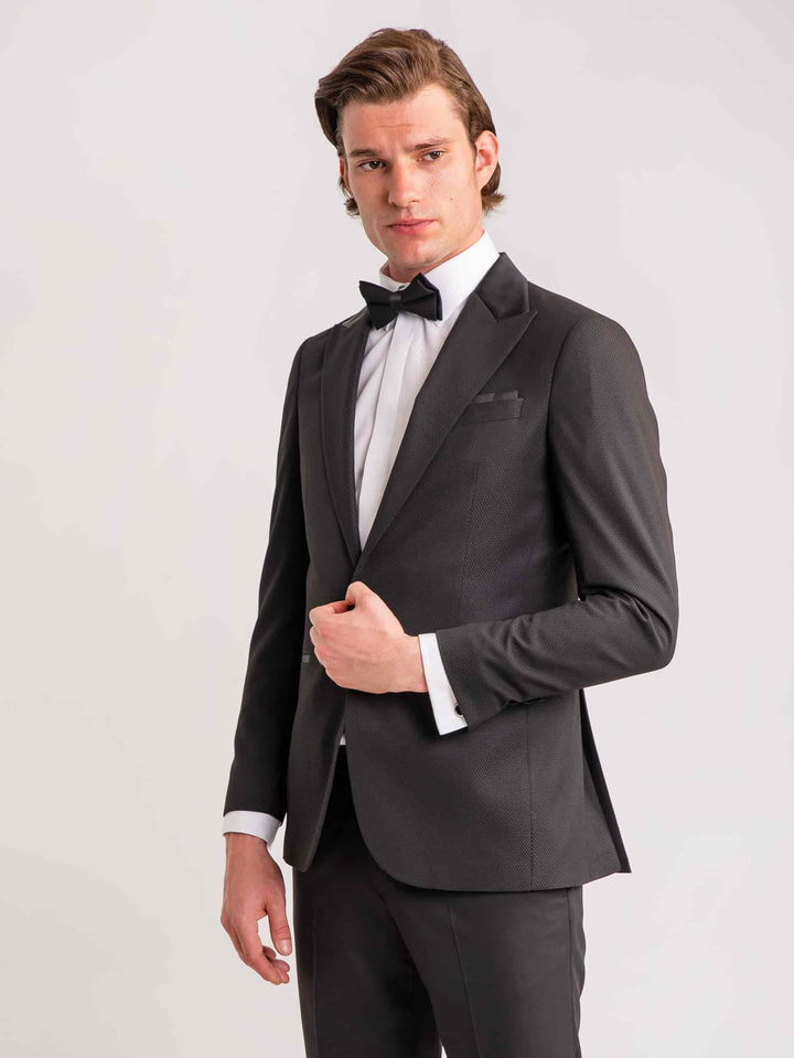 Siyah Erkek Modern Fit Armürlü Mono Yaka Smokin Takım 