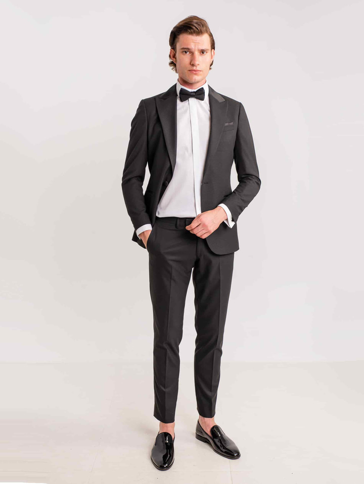 Siyah Erkek Modern Fit Armürlü Mono Yaka Smokin Takım 