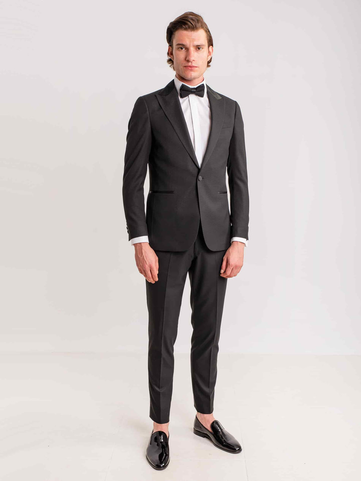 Siyah Erkek Modern Fit Armürlü Mono Yaka Smokin Takım 