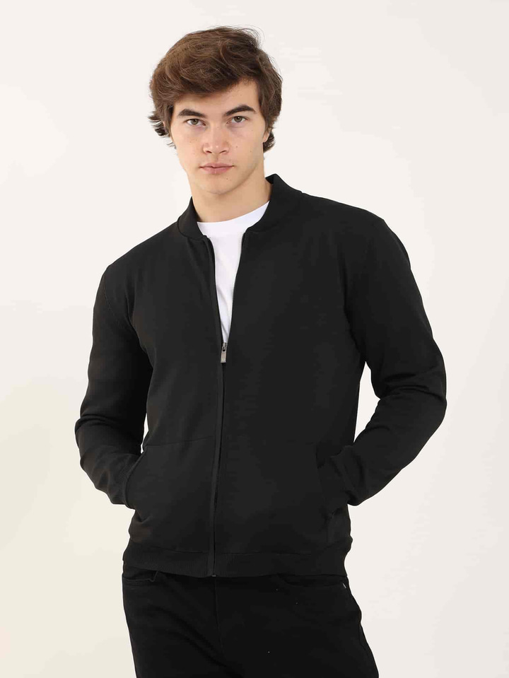 Siyah Erkek Slim Fit Düz Bomber Yaka  Triko 