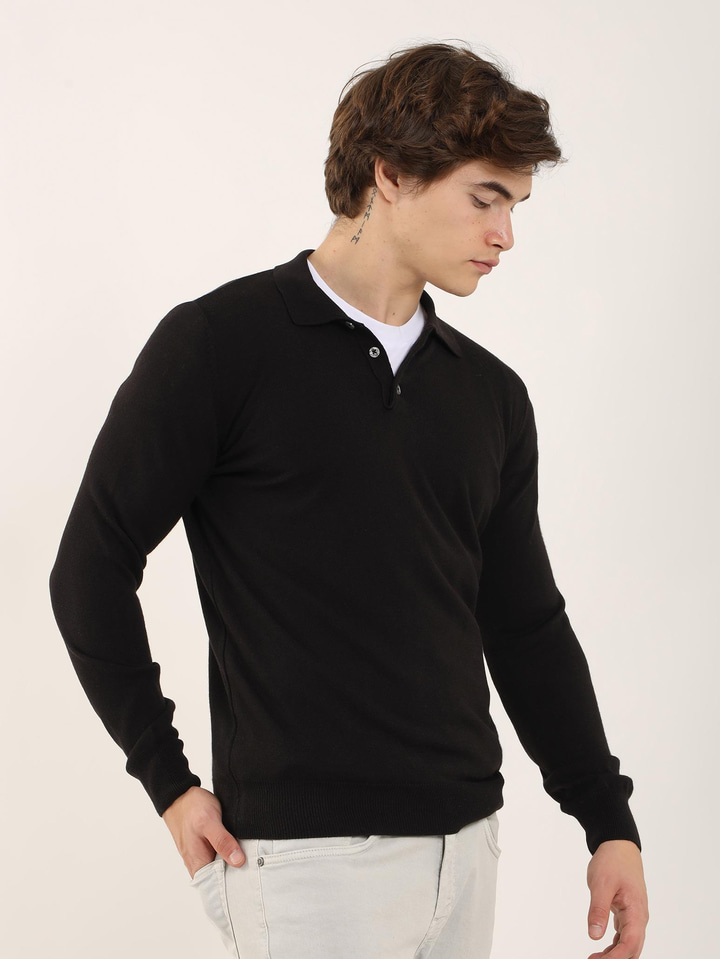 Siyah Erkek Slim Fit Düz Klasik Polo Yaka Triko 